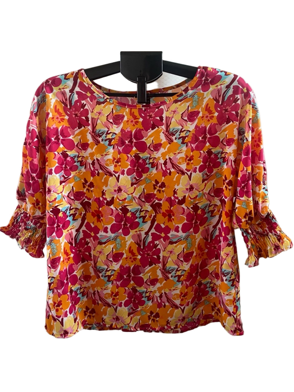 SHEIN Pink & Yellow Floral Ruffle-Sleeve Blouse, Size S